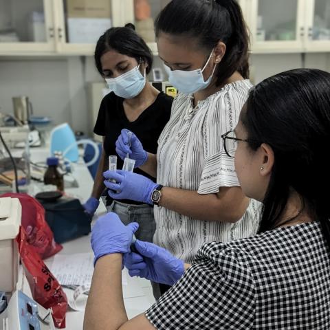 Researchers test water samples as part of the BEN study examining the relationship between foodborne gastrointestinal infections in Timorese infants.  